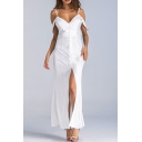 Women's Sexy Spaghetti Straps Short Sleeve Backless Split Hem Maxi Cami White Dress