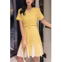 Summer Girls Yellow Plaid Printed V-Neck Short Sleeve Patched Hem Button Front A-Line Dress