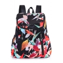 Trendy Plant Printed Double Zipper Embellishment Black Waterproof Nylon Casual Backpack 28*13*32 CM