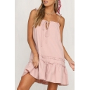 Summer New Stylish Basic Solid Color Tied V-Neck Bow-Tied Strap Mini Ruffle Cami Dress