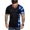 Summer New Fashion Camo Patched Round Neck Short Sleeve Single Pocket Chest Slim Fit Tee for Men