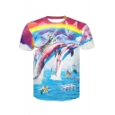 Hot Popular Rainbow Cartoon Cat Dolphin 3D Printed Round Neck Short Sleeve Blue T-Shirt
