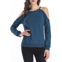 Womens Simple Plain Cold Shoulder Long Sleeve Casual Loose Pullover Sweatshirt