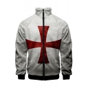 Knights Templar Red Cross Printed Stand Collar Long Sleeve Zip Up White Jacket