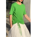Summer Chic Drawstring Ruched Side Round Neck Short Sleeve Casual Cotton Plain Tee