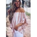 Summer Stylish Off the Shoulder Striped Printed Tied Hem Casual Loose Blouse Top