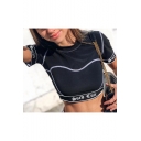 Popular Cool Letter SUCH CUTE Print Contrast Piping Round Neck Short Sleeve Black Cropped T-Shirt