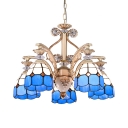 Blue Cone Shade Suspension Light 5 Lights Mediterranean Style Glass Chandelier for Hotel