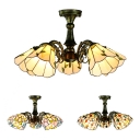 Leaf/Peacock Tail/Flower Semi Ceiling Mount Light Tiffany Style Glass 5 Heads Ceiling Light for Bedroom