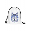 Fashion Creative 3D Wolf Printed White Drawstring Backpack Storage Bag 30*39 CM