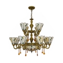 Glass Cone & Dome Chandelier with Crystal Living Room Elegant Style 15 Lights Suspension Light in Blue/Beige