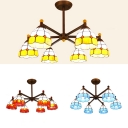 Dining Rom Dome Shade Chandelier Glass 6 Lights Tiffany Style Blue/Orange/Yellow Hanging Lamp