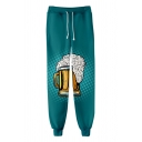 Guys Cool Stylish 3D Beer Printed Drawstring Waist Cotton Casual Joggers Sweatpants