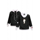 New Stylish Cool Puppet Figure Printed Long Sleeve Hooded Ripped Black Button Down Denim Jacket