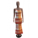 Women's Trendy Off The Shoulder Splash-Ink Printed Bodycon Maxi Nightclub Orange Dress