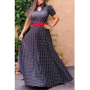 Women's Hot Fashion Halter Neck Short Sleeve Polka Dot Printed Belted Maxi A-Line Party Dress