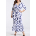 Summer Trendy V-Neck Short Sleeve Printed Bow-Tied Waist Loose Maxi Pencil Dress For Women