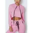 Solid Color Long Sleeve Drawstring Cropped Hoodie