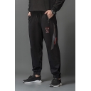 Guys Fashion Tape Patched Drawstring Waist Elastic-Cuff Black Sport Carrot Pants