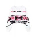 Letter FUTURE Rose Floral Printed Basic Round Neck Cropped Casual Sweatshirt