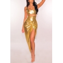 Womens Chic Metallic Color Gold Scoop Neck Sleeveless Cutout Front Twist Detail Maxi Night Club Dress