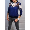 Hot Popular Feather Pattern Round Neck Long Sleeve Casual Loose Sweatshirt