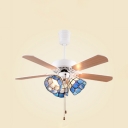 Nautical Stylish Blue LED Ceiling Fan with Pull Chain 3 Lights Metal Ceiling Fixture for Bedroom