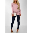 Women's Trendy Simple Plain Unique Bow-Tied Back Round Neck Long Sleeve Slim Fit Ruffled T-Shirt