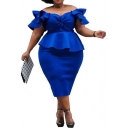 Women's Blue Off the Shoulder Flutter Sleeve Plain Knot Detail Open Back Ruffle Midi Bodycon Pencil Dress