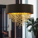 Traditional Black Pendant Light Round Shade 3/4 Lights Fabric Chandelier with Ring for Bedroom