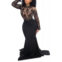 Women's Trendy Round Neck Long Sleeve Printed Lace Patch Bodycon Length Floor Black Dress