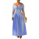 Summer Hot Fashion Off The Shoulder Short Sleeve Stripes Printed Button-Front Maxi A-Line Blue Dress