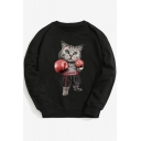 Hip Hop Style LOVE Letter Cartoon Boxing Cat Printed Round Neck Long Sleeve Sweatshirt