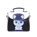 Cute Cartoon Cat Printed Colorblock PU Leather Satchel Shoulder Bag 22*9*19 CM