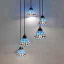Mediterranean Style Dome Pendant Light 5 Lights Stained Glass Hanging Light in Blue for Bedroom