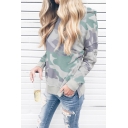 Stylish Camouflage Printed Split Side Long Sleeve Casual Loose Pullover Hoodie for Women