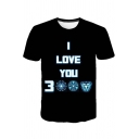 Cool Unique Iron Letter I LOVE YOU 3000 Print Black Short Sleeve Tee