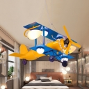 Metal Propeller Airplane Hanging Lamp Child Bedroom Cartoon Cool LED Pendant Light in Blue & Yellow