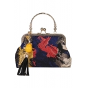 National Style Printed Tassel Pendant Embellishment Top Handle Satchel Handbag 22*9*13 CM