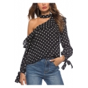 Fashion Black Polka Dot Printed Oblique Cold Shoulder Long Sleeve Bow-Tied Cuff Blouse Top