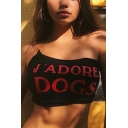 Women's New Trendy J'ADORE DOGS Letter Scoop Neck Sleeveless Crop Black Cami Top