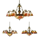 Tiffany Style Dome Hanging Light with Dragonfly/Circle/Sunflower Stained Glass 9 Lights Chandelier for Living Room