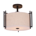 Traditional Beige Semi Flush Mount Light Drum Shade 5 Lights Fabric Ceiling Light for Dining Room