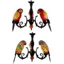 Stained Glass Parrot Chandelier 3 Lights Tiffany Style Rustic in Blue/Red Hanging Light for Balcony