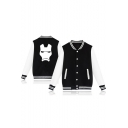 Hot Fashion Iron Print Stand Collar Long Sleeve Button-Front Casual Black Baseball Jacket