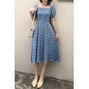 Summer Vintage Blue Polka Dot Printed Square Neck Puff Sleeve Button Front Midi A-Line Dress