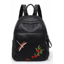 New Fashion Dragonfly Floral Embroidered Black PU Leather Backpack for Women 30*25*15 CM