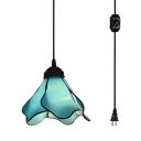 Traditional Flower Ceiling Light 1 Light Blue Glass Hanging Lamp with Plug In Cord for Stair