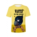 Funny Letter WANTED Cute Cartoon Comic Crow Pattern Short Sleeve Yellow Tee