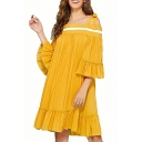 Summer Hot Popular Ginger Bow-Tied Strap Cold Shoulder Pleated Midi Swing Ruffle Dress